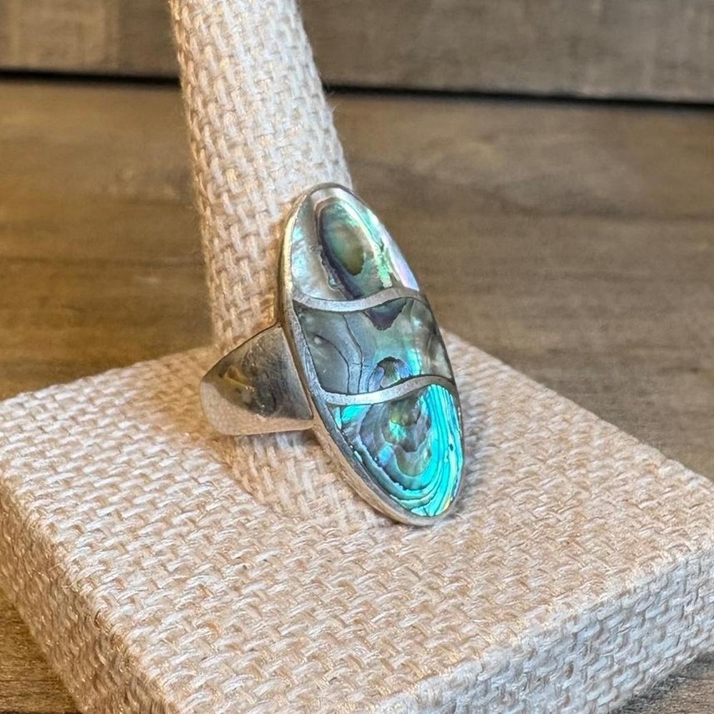 VTG Artisan Sterling Abalone Inlaid Oval Ring Hallmarked 925 Makers Mark Size 8